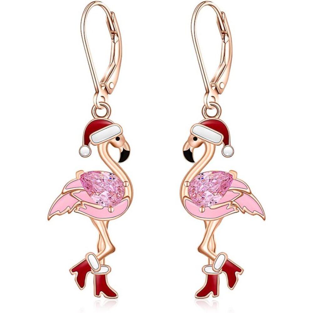 Christmas Flamingo Earrings For Women Pink Sterling Silver Dangle Bird Jewelry H